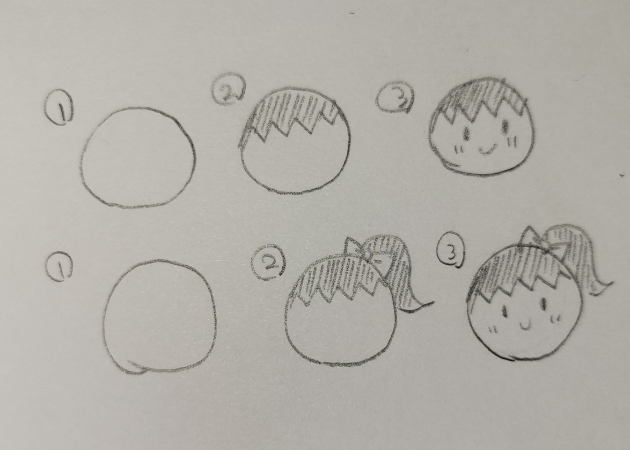 人物の頭部を輪郭、髪、顔の順に描きます。