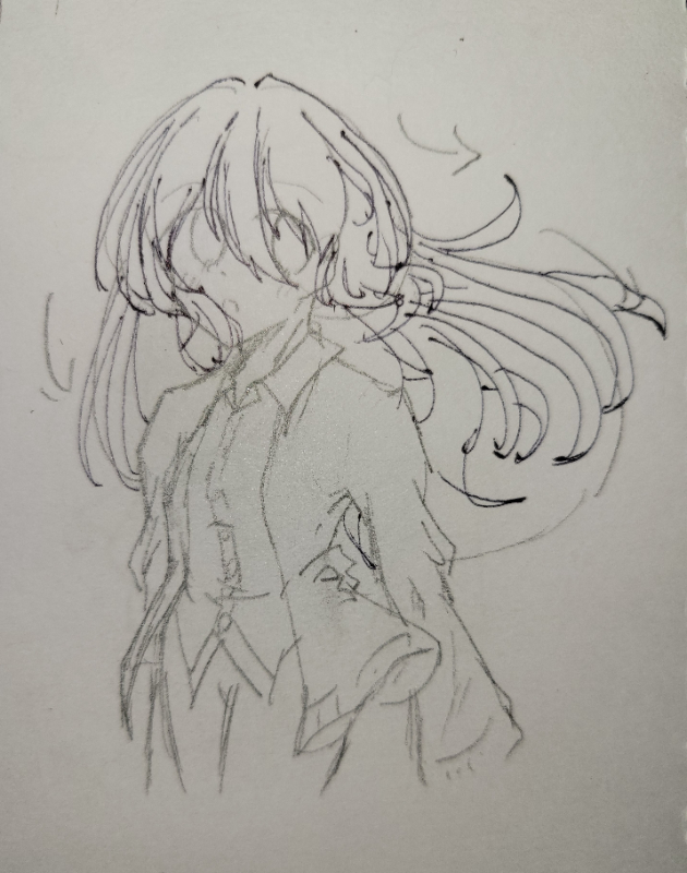 先ほど大まかにとったラフをもとに、前髪から後ろ髪という順に細かく描いていきます。